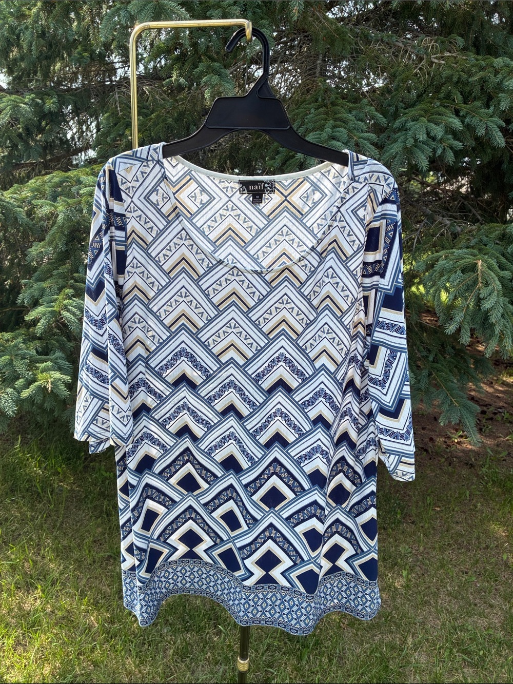 Naif 1X Navy Blue White Cream Tunic Blouse 3/4 Sleeve Lightweight Boho Geometric